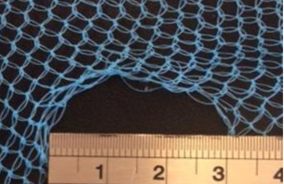 NIRI, 2023 Image of blue netting against a black background with a hole in the bottom centre of the net fabric. A silver ruler at the bottom of the image is laid across the diameter of the hole, showing the hole is 3 cm wide.