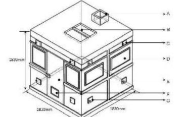 Black and white drawing of the PEET Grady test chamber with measurements showing a cube structure with multiple square openings on each side and on the roof.