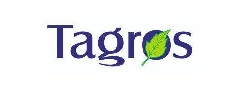 The word 'Tagros' in dark blue lettering with a light green leaf over the 'o'.